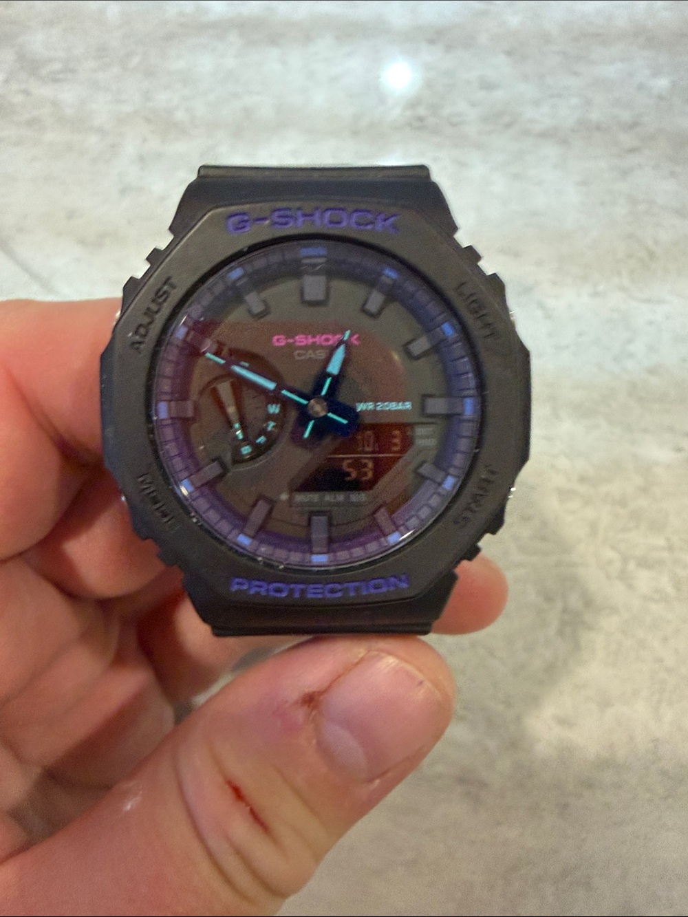 Casio G-Shock Black with Purple and Teal Accents